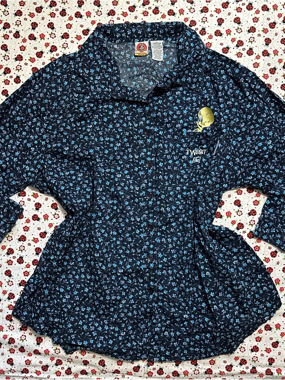 Vintage 90s Looney Tunes Tweety Bird Ditsy Floral Button Up Shirt Plus 22W/24W